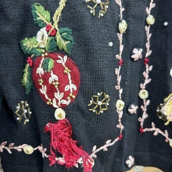 Victoria Jones Size M Christmas Sweater Cardigan Bell Sleeve Embellished Holiday - Picture 3 of 7